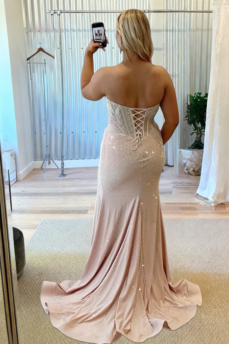 Melissia | Sky Blue - Strapless Mermaid Satin Beaded Long Formal Prom Dresses With Slit - KissProm