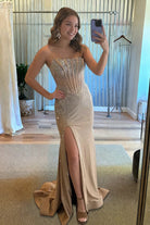 Melissia | Sky Blue - Strapless Mermaid Satin Beaded Long Formal Prom Dresses With Slit - KissProm