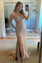 Melissia | Sky Blue - Strapless Mermaid Satin Beaded Long Formal Prom Dresses With Slit - KissProm