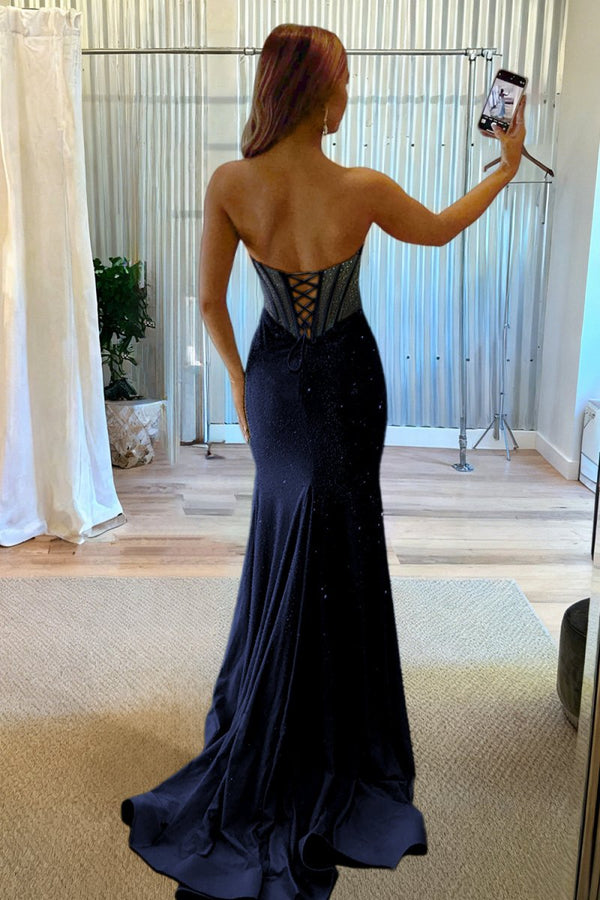 Melissia | Sky Blue - Strapless Mermaid Satin Beaded Long Formal Prom Dresses With Slit - KissProm