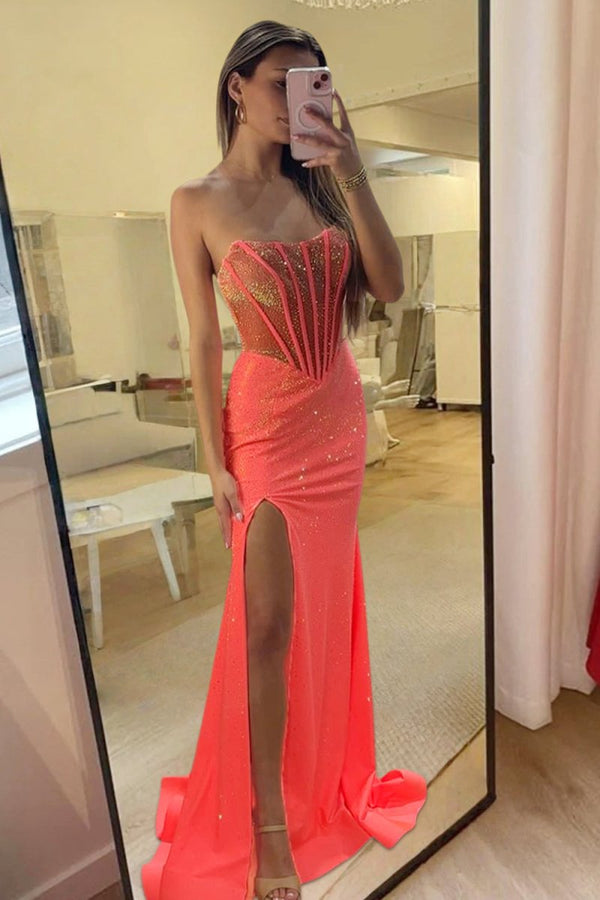 Melissia | Orange - Strapless Mermaid Satin Beaded Long Formal Prom Dresses With Slit-KissProm