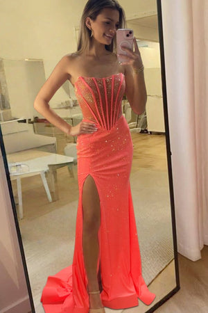 Melissia | Orange - Strapless Mermaid Satin Beaded Long Formal Prom Dresses With Slit-KissProm