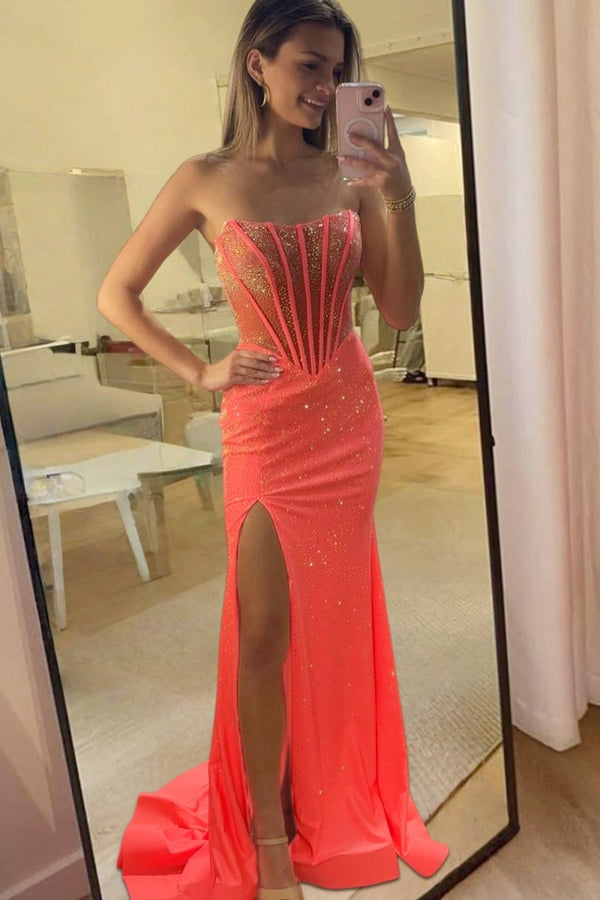 Melissia | Orange - Strapless Mermaid Satin Beaded Long Formal Prom Dresses With Slit-KissProm