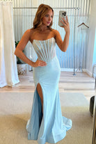 Melissia | Sky Blue - Strapless Mermaid Satin Beaded Long Formal Prom Dresses With Slit - KissProm