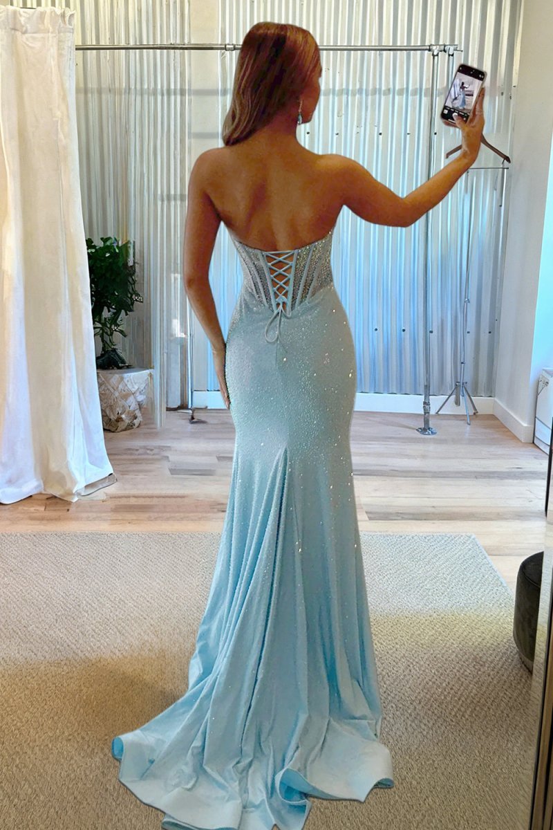 Sky Blue Strapless Mermaid Satin Beaded Long Formal Prom Dresses With