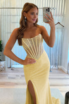 Melissia | Yellow - Strapless Mermaid Satin Beaded Long Formal Prom Dresses With Slit - KissProm