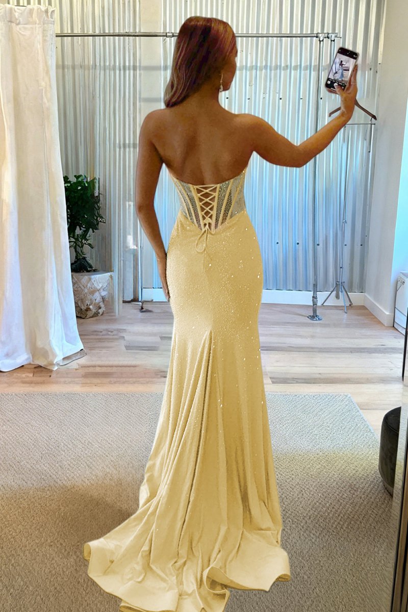 Melissia | Yellow - Strapless Mermaid Satin Beaded Long Formal Prom Dresses With Slit - KissProm