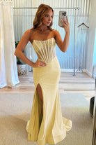 Melissia | Yellow - Strapless Mermaid Satin Beaded Long Formal Prom Dresses With Slit - KissProm