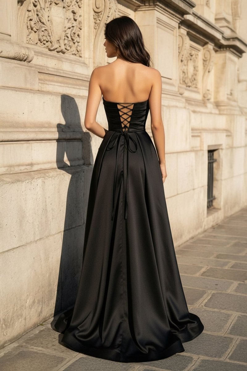 KissProm A Line Black Strapless Satin Prom Dresses With Slit, Dark Green / 10