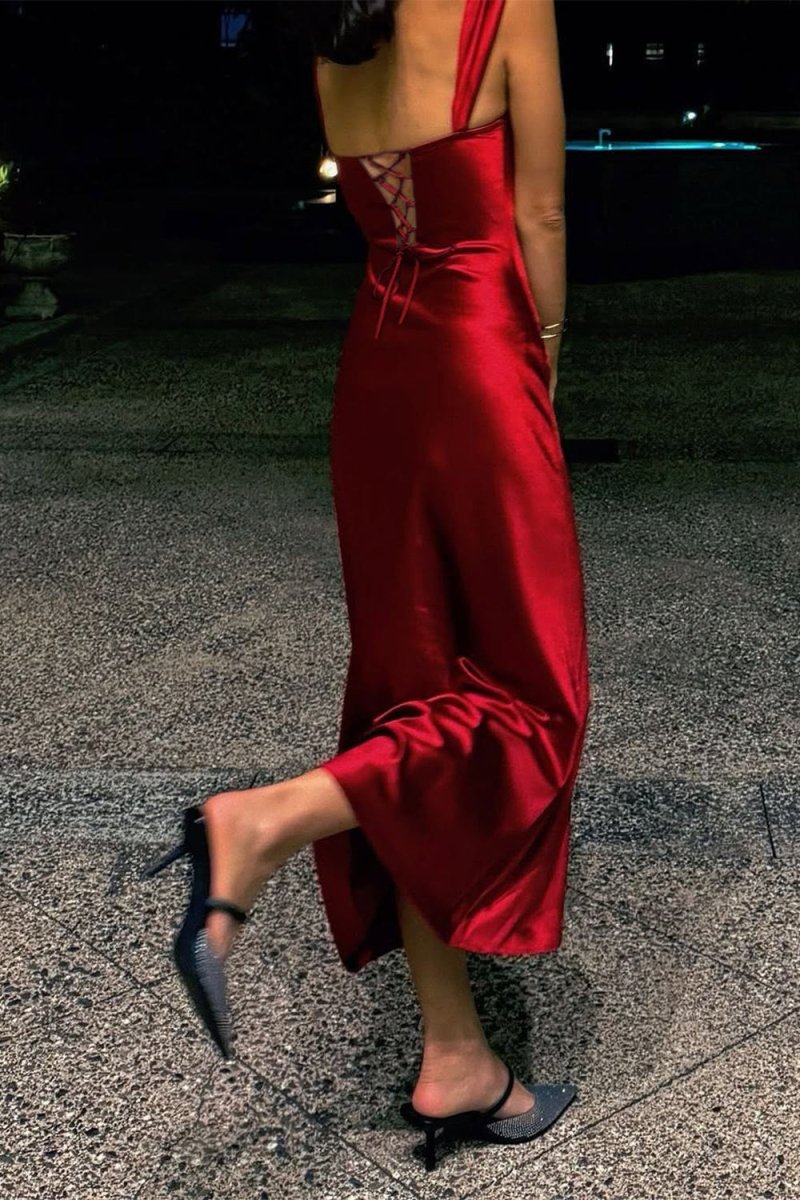 Meola | Burgundy - Sweetheart Satin Sheath Long Formal Prom Dresses With Lace - KissProm