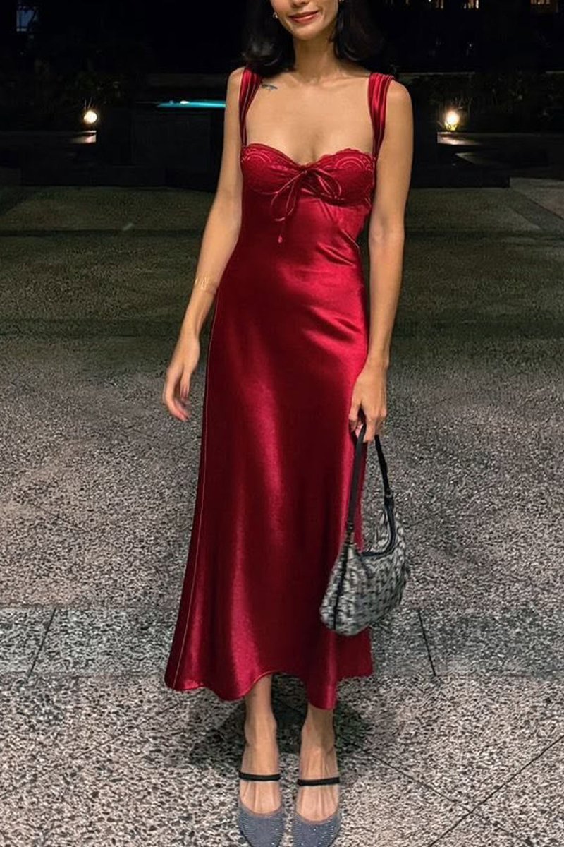 Meola | Burgundy - Sweetheart Satin Sheath Long Formal Prom Dresses With Lace - KissProm