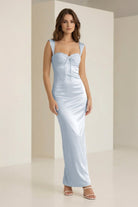 Meola | Sky Blue - Sweetheart Satin Sheath Long Formal Prom Dresses With Lace - KissProm