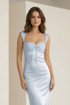 Meola | Sky Blue - Sweetheart Satin Sheath Long Formal Prom Dresses With Lace - KissProm
