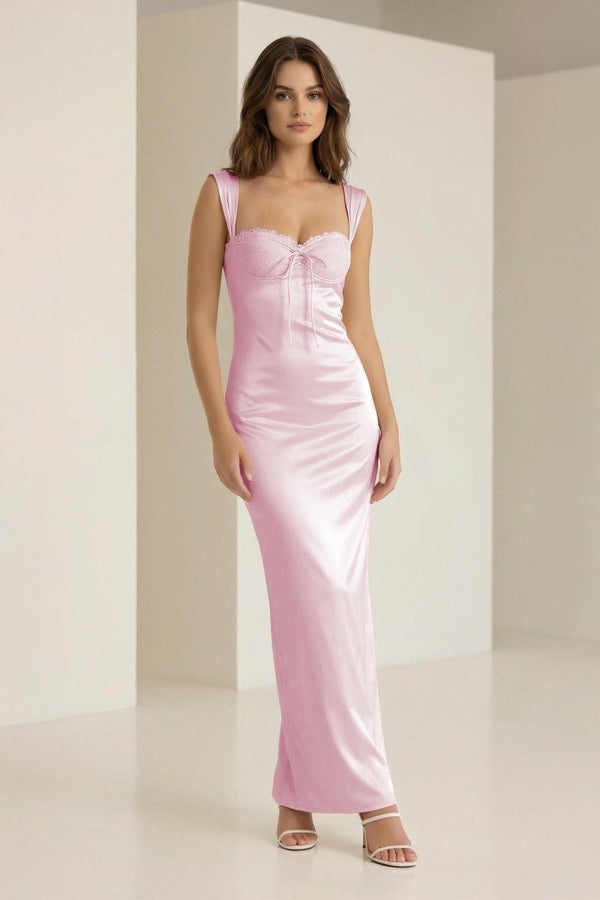 Meola | Pink - Sweetheart Satin Sheath Long Formal Prom Dresses With Lace - KissProm
