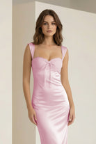 Meola | Pink - Sweetheart Satin Sheath Long Formal Prom Dresses With Lace - KissProm