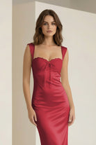 Meola | Red - Sweetheart Satin Sheath Long Formal Prom Dresses With Lace - KissProm