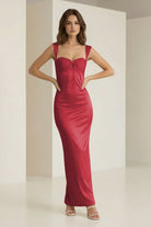 Meola | Red - Sweetheart Satin Sheath Long Formal Prom Dresses With Lace - KissProm