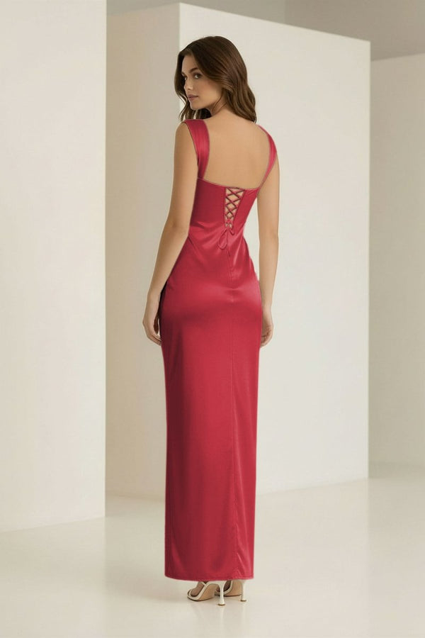 Meola | Red - Sweetheart Satin Sheath Long Formal Prom Dresses With Lace - KissProm