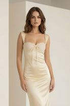 Meola | Yellow - Sweetheart Satin Sheath Long Formal Prom Dresses With Lace - KissProm