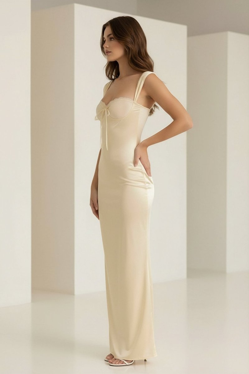 Meola | Yellow - Sweetheart Satin Sheath Long Formal Prom Dresses With Lace - KissProm