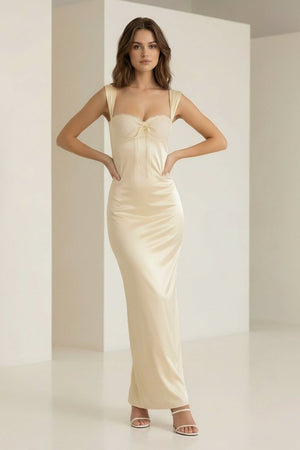 Meola | Yellow - Sweetheart Satin Sheath Long Formal Prom Dresses With Lace - KissProm