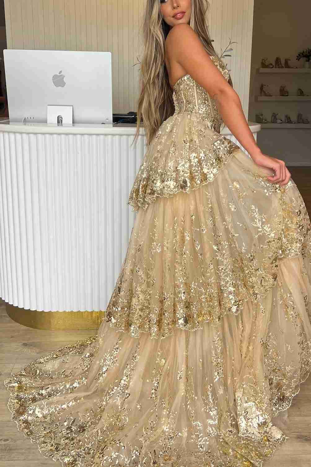 Gold Sweetheart A-Line Lace Long Prom Dress With Split Gold / 14 Gold Sweetheart A-Line Lace Long Prom Dress With Split Gold / 14