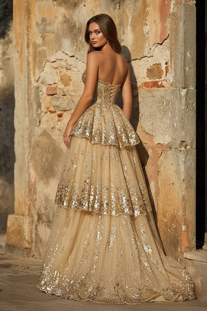 Gold Sweetheart A - Line Lace Long Prom Dress With Split - KissProm