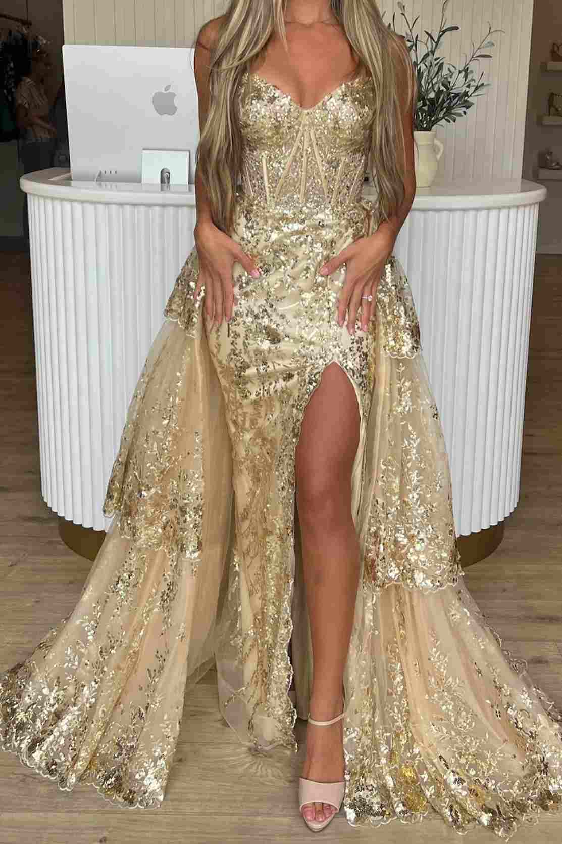 Gold Sweetheart A-Line Lace Long Prom Dress With Split Gold / 14 Gold Sweetheart A-Line Lace Long Prom Dress With Split Gold / 14