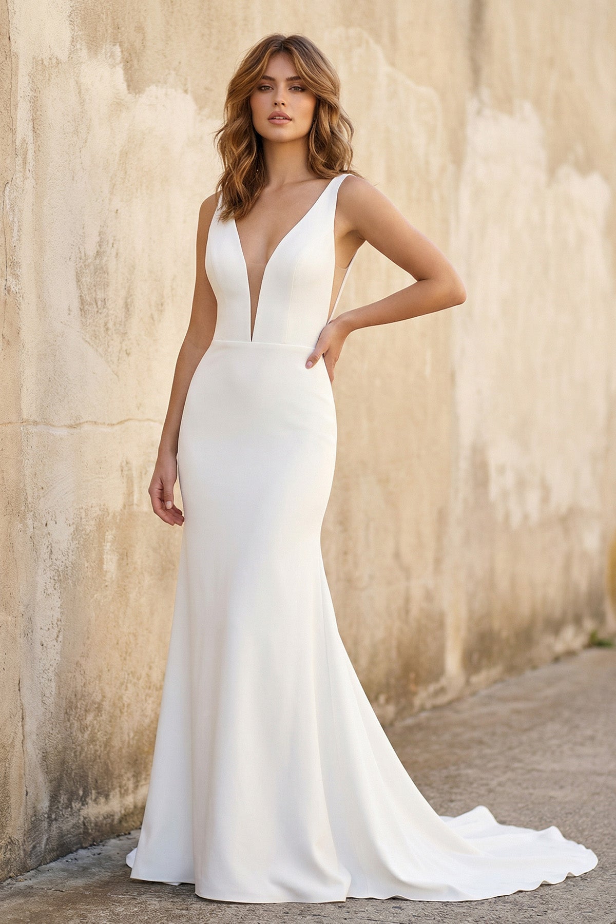 KissProm Simple White Mermaid Backless Boho Wedding Dress, Diamond White / 2