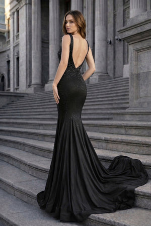 Mermaid Deep V-Neck Beaded Satin Long Prom Dress - KISSPROM PROM DRESSES