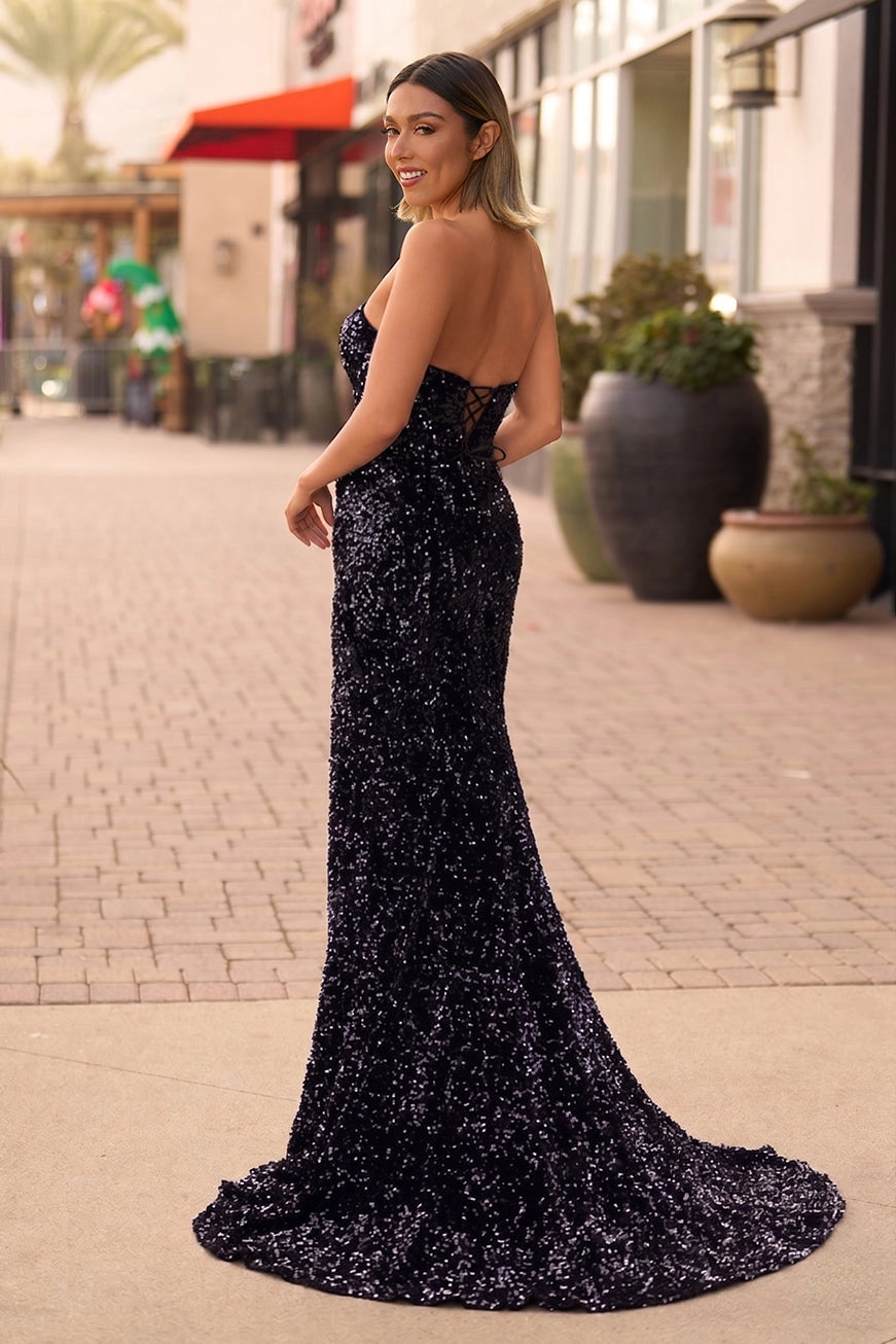 KissProm Mermaid Strapless Sequins Long Prom Dress with Slit, Black / 6