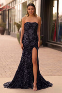 Mermaid Strapless Sequins Long Prom Dress with Slit - KissProm 