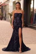Mermaid Strapless Sequins Long Prom Dress with Slit - KissProm 