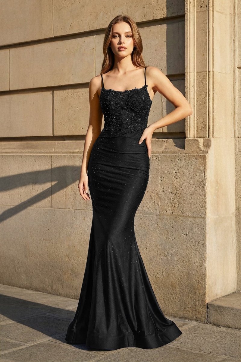 KissProm Mermaid Spaghetti Straps Dark Green Long Prom Dress with Appliques, Black / Custom Size