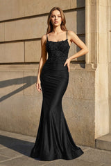 Mermaid Spaghetti Straps Black Long Prom Dress with Appliques - KissProm