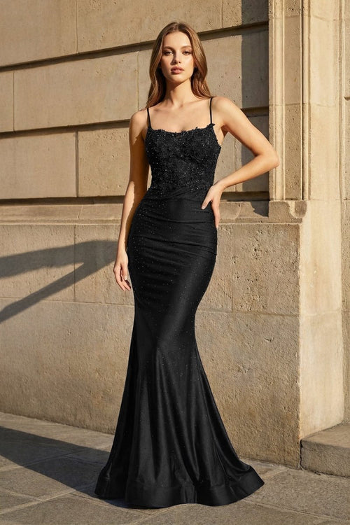 Mermaid Spaghetti Straps Black Long Prom Dress with Appliques - KissProm