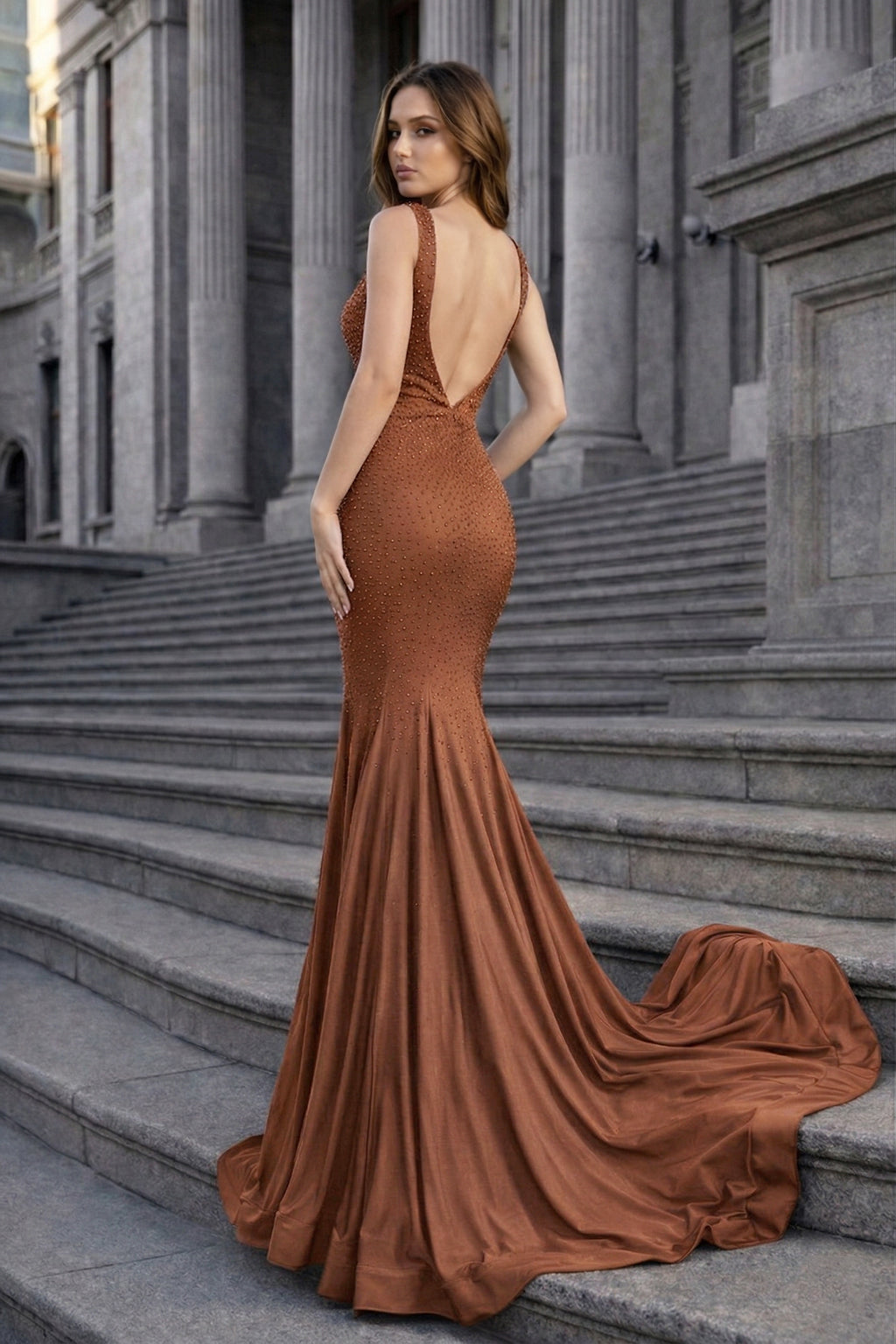KissProm Mermaid Deep V-Neck Beaded Satin Long Prom Dress, Brown / 10