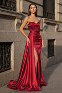 Mermaid Evening Gown Sexy Dress Prom Court Train Sleeveless Strapless Satin with Slit Pure Color - KISSPROM PROM DRESSES