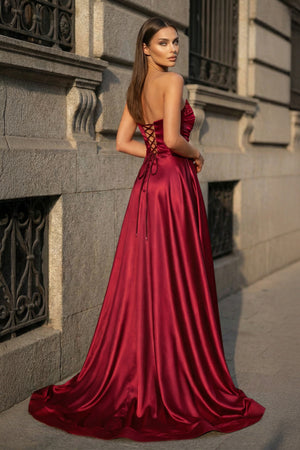 Mermaid Evening Gown Sexy Dress Prom Court Train Sleeveless Strapless Satin with Slit Pure Color - KISSPROM PROM DRESSES