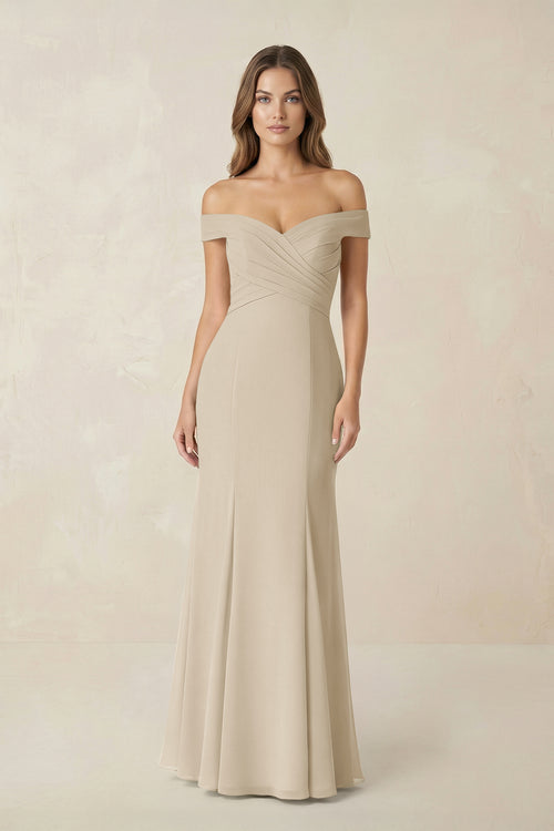 Off-the Shoulder Mermaid Chiffon Bridesmaid Dress in Champagne, Champagne / 30 Off-the Shoulder Mermaid Chiffon Bridesmaid Dress in Champagne, Champagne / 30