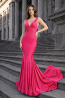 Mermaid Deep V-Neck Beaded Satin Long Prom Dress - KISSPROM PROM DRESSES