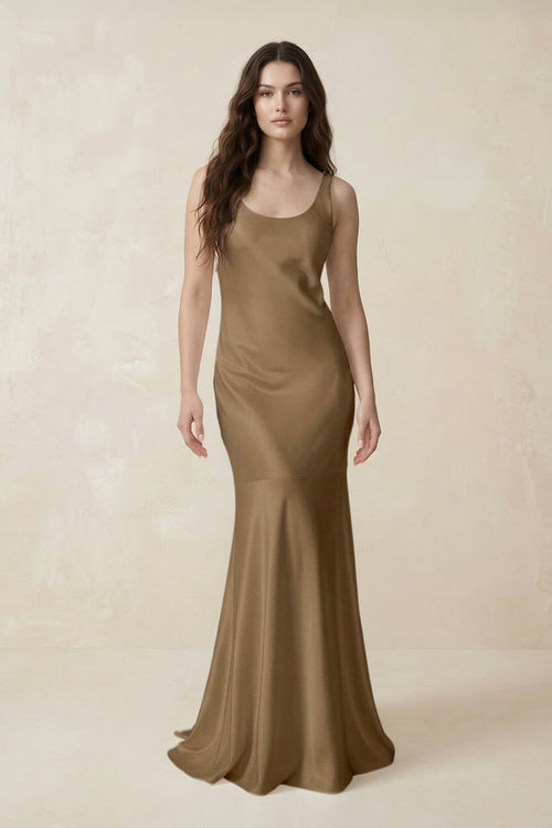 Mermaid Scoop Neck Satin Bridesmaid Dress with Bow in Apple Cinnamon - KissProm Bridesmaid Dresses