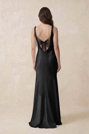 Mermaid Scoop Neck Satin Bridesmaid Dress with Bow in Black - KissProm Bridesmaid Dresses