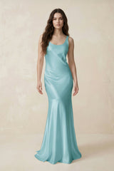 Mermaid Scoop Neck Satin Bridesmaid Dress with Bow in Bleached Aqua - KissProm Bridesmaid Dresses