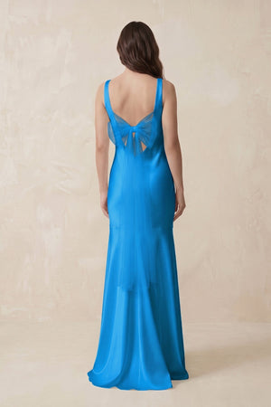 Mermaid Scoop Neck Satin Bridesmaid Dress with Bow in Blue Jay - KissProm Bridesmaid Dresses