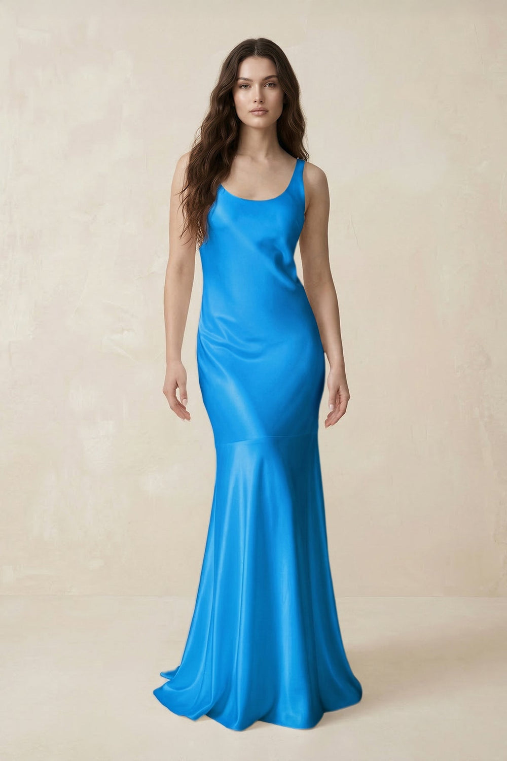 Mermaid Scoop Neck Satin Bridesmaid Dress with Bow in Blue Jay - KissProm Bridesmaid Dresses