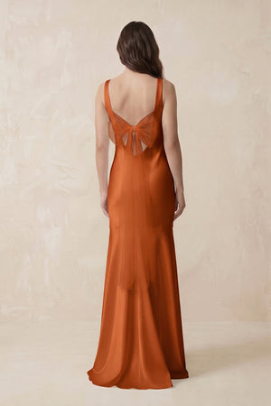 Mermaid Scoop Neck Satin Bridesmaid Dress with Bow in Cinnamon - KissProm Bridesmaid Dresses