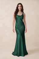 Mermaid Scoop Neck Satin Bridesmaid Dress with Bow in Dark Green - KissProm Bridesmaid Dresses