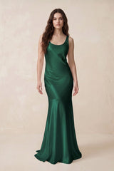 Mermaid Scoop Neck Satin Bridesmaid Dress with Bow in Dark Green - KissProm Bridesmaid Dresses