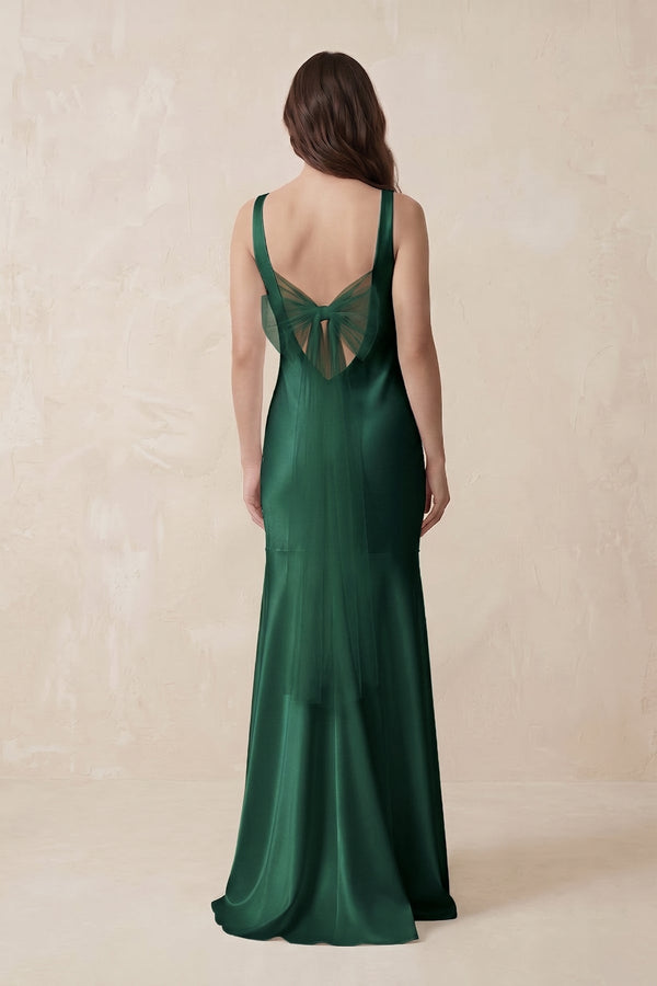 KissProm | Mermaid Cowl Neck Satin Bridesmaid Dress with Bow in Dark Green KissProm | Mermaid Cowl Neck Satin Bridesmaid Dress with Bow in Dark Green